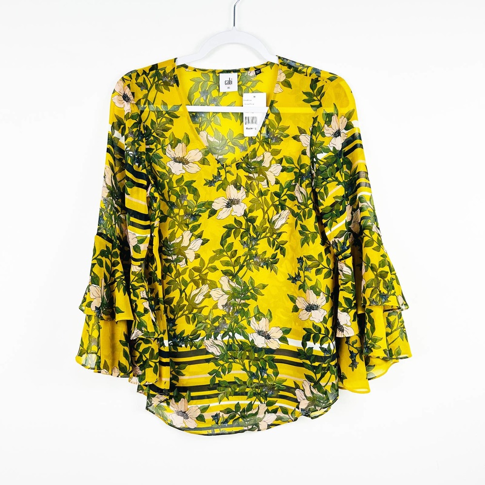NEW Cabi Yellow Spring Scene Gilded Floral Blouse Style 5518 Size XS